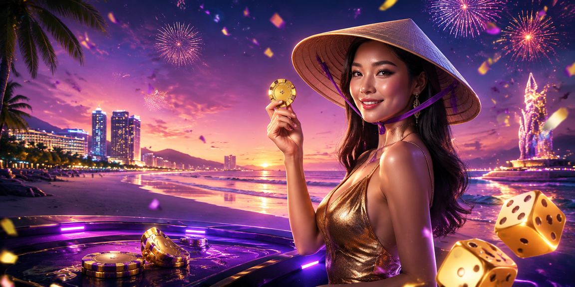 Người chơi tài xỉu tại Đà Nẵng với xúc xắc và nón lá trong không gian giải trí casino
